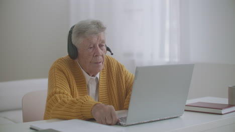 Ältere-Frauen-Benutzen-Einen-Laptop,-Um-Videoanrufe-Zu-Tätigen,-Sprechen-Gestikulieren-Und-Zeigen-Mit-Der-Hand-Die-Daumen-Nach-Oben-Im-Innenbereich.-Alte-Frau-Und-Modernes-Gerätekonzept.